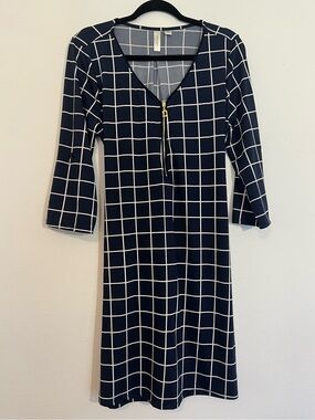 Tacera Navy and White Windowpane Knee-Length Belted Dress Size M Medium